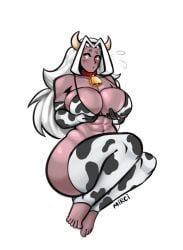 big_breasts blush coffeewarka_(character) cow_bell cow_bikini cow_print cow_print_armwear cow_print_thighhighs cowkini female holding_breast holding_own_breast mirci muscles muscular muscular_female no_panties no_visible_genitalia oc simple_background thick_thighs toned_belly white_background white_hair