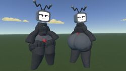 3d back_view big_ass big_thighs black_hoodie femboy front_view grey_body rec_room red_underwear robot thighhighs tv_head