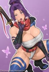 ai_generated athletic_female bare_thighs blue_eyes fellatio_gesture gigantic_breasts huge_breasts huge_thighs kunoichi light-skinned_female light_skin looking_at_viewer marvel marvel_comics marvel_rivals massive_breasts modeus14 ponytail psylocke psylocke_(marvel_rivals) purple_hair solo_female squatting sweat sweatdrop thick_body thick_female thick_thighs thighhighs thighs voluptuous voluptuous_female x-men