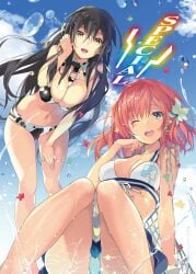 aikawa_shuuko asagiri_ririko big_breasts black_hair blue_eyes ecstas_online golden_eyes ponytail reddish_hair smile summer swimsuit taira_tsukune