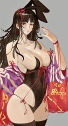 animal_ears black_hair black_leotard black_thighhighs breasts brown_eyes cleavage cowboy_shot flower_knot grey_background kaguya_houraisan large_breasts leotard long_hair looking_at_viewer mole mole_under_eye parted_lips playboy_bunny rabbit_ears red_nails simple_background solo tagme thighhighs tomatolover16 touhou