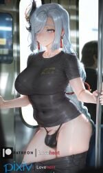 ai_generated big_bulge big_penis black_panties black_shirt blue_eyes blush bra breasts bulge_in_panties bulge_through_clothing clothed earrings exhibitionism futa_only futanari genshin_impact grey_hair jewelry large_breasts long_hair panties pants penis public public_indecency shenhe_(genshin_impact) shirt smile solo t-shirt testicles thighs train train_interior underwear white_hair