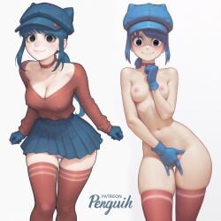 1girls ai_generated bangs black_eyes blue_hair blush bottomless cap cappie_(miside) choker cleavage cool_mita_(miside) covered_pussy crop_top cute cute_face female female_focus female_only gloves hard_nipples hat highres legwear looking_at_viewer masturbation medium_breasts miside mita_(miside) naked navel on/off on_off panties penguih ponytail shy shy_smile skirt skirt_up smile solo stockings sweater thighhighs thighs thin_waist white_background white_panties wide_hips zettai_ryouiki