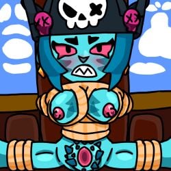 bibi_(brawl_stars) blue_body brawl_stars cursed_pirate_bibi fully_nude open_legs pirate pirate_hat pussy_hair tied tied_arms tied_legs