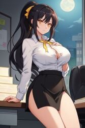 ai_generated aikawa_shuuko big_breasts black_hair ecstas_online golden_eyes office_lady ponytail torn_clothes