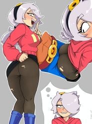 ass back_view belt big_ass big_breasts biting_lip biting_own_lip black_pants boots brawl_stars colette_(brawl_stars) daydream dry_humping el_primo_(brawl_stars) fangs from_behind gabri_art grinding grinding_through_clothes imagination imagining leggings long_sleeves looking_at_viewer looking_back looking_down miniskirt naughty_face pleasure_face ripped_clothing shark_teeth sharp_teeth showing_ass showing_off silver_hair skirt skirt_lift skirt_pull skirt_up supercell sweater tease teeth teeth_showing thought thoughts tight_clothing tight_pants torn_clothes