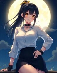 ai_generated aikawa_shuuko black_hair ecstas_online golden_eyes moon moonlight office_lady ponytail