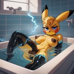 ai_generated anthro balls bathtub breasts elbow_gloves electricity foreskin futanari latex penis pikachu pokemon rubber_clothing shortstack solo thighhighs water