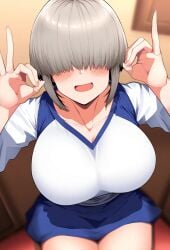 ai_generated artist_request blush gigantic_breasts grey_hair hair_over_eyes huge_breasts light-skinned_female light_skin massive_breasts short_hair shortstack smiling solo_female t-shirt thick_body thick_female uzaki-chan_wa_asobitai! uzaki_yanagi voluptuous voluptuous_female