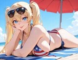 1girls :p ai_generated american_flag_bikini beach beach_towel big_breasts bikini blonde_female blonde_hair blue_eyes cleavage female happy long_hair looking_at_viewer lying_on_breasts lying_on_stomach original original_character parasol sunglasses sunglasses_on_head twintails