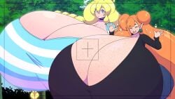 2girls camera_view cassie_(theycallhimcake) huge_ass hyper_breasts looking_at_viewer purpleguyri riley_moore_(artist) rilli_oshina tagme thick_thighs