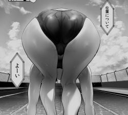 ass ass_focus bent_over cameltoe chain-link_fence cloud competition_swimsuit day feet_out_of_frame female fence from_behind greyscale kneepits lane_line monochrome one-piece_swimsuit original outdoors pool romaji_commentary shiny_clothes solo speech_bubble swimsuit translated ulrich_(tagaragakuin) water water_drop wet wet_clothes wet_swimsuit