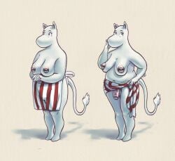 2024 anthro apron apron_lift apron_only breasts chirasul clothed clothing clothing_lift erect_nipples female flaccid ftg_crossgender fti_crossgender full-length_portrait genitals gynomorph hand_on_face hi_res intersex mammal mature_female moomin moominmamma mostly_nude mostly_nude_female mouthless nipples penis portrait rule_63 slightly_chubby solo standing the_moomins trans_woman transfem white_body