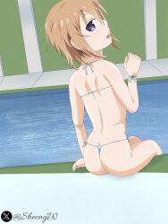 ass back_view blanc blanc_(neptunia) blue_eyes brown_hair choujigen_game_neptune microbikini neptunia neptunia_(series) sheong_wong short_hair