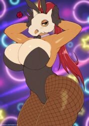 2023 angry angry_expression arms_up big_breasts breasts bunny_ears bunnysuit cleavage cubone female female_only fishnets green_eyes hands_on_head huge_breasts l-a-v long_hair nintendo orange_body orange_skin pokemon pokemon_(species) purple_background red_hair skull tan_body tan_skin thick_thighs thighs wide_hips
