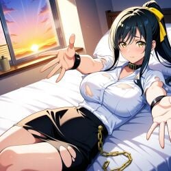 ai_generated aikawa_shuuko big_breasts black_hair chains ecstas_online golden_eyes office office_lady ponytail