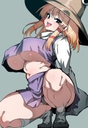 1girls belly belly_button big_breasts blonde_hair blush breasts clothed clothed_female color colored curvaceous curvy curvy_female curvy_figure female goddess hat higure_(hikiko2323) large_breasts light-skinned_female light_skin no_bra panties solo solo_female suwako_moriya tongue tongue_out touhou