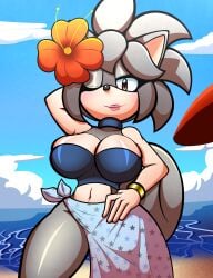 beach big_breasts blush blushing_female c_m_g_nsfw grey_body grey_hair grey_skin hawaiian hedgehog_girl mobian mobian_(species) mobian_hedgehog oc original_character pose red_eyes sea smile sonic_(series) sonic_the_hedgehog_(series) thick thick_thighs