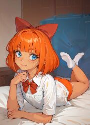 1girls ai_generated bed feet_up mymy_schoppenboer ongezellig orange_hair ribbon the_pose