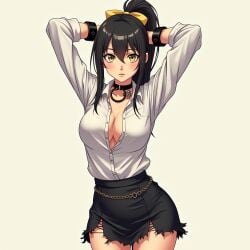 ai_generated aikawa_shuuko big_breasts black_hair chains ecstas_online golden_eyes office_lady ponytail