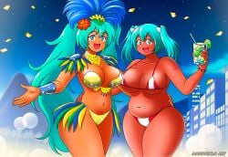 2d 2girls :d alcohol alcoholic_drink artist_name asian_latina bbw belly_button big_belly big_breasts bikini blue_bracelet blue_eyeshadow blue_makeup bow bracelet brazilian_female brazilian_miku bright_bracelet building buildings carnaval carnival_(holiday) carnival_outfit celebrating celebration chubby chubby_female city city_background clothed clothing cloud clouds cloudy_sky cocktail cocktail_glass confetti crypton_future_media cyan_eyes cyan_hair dark-skinned_female dark_skin drink earrings eyebrows_visible_through_hair eyeshadow feather_hair feather_hair_ornament feather_hat feather_in_hair feather_necklace feathers feathers_in_hair flower flower_in_hair food fruit glass gold_(metal) gold_earrings gold_jewelry green_nail_polish green_nails happy hat hatsune_miku hourglass_figure ice ice_cube latin_american_hatsune_miku_(meme) latina lemon long_twintails looking_at_viewer makeup margarita meme monociclo_art mountain mountains nail_polish national_personification night night_sky palm_tree peruvian_female peruvian_flag_bikini peruvian_miku rio_de_janeiro samba serpentine shiny_bikini shiny_bracelet shiny_clothes short_twintails smile smiling smiling_at_viewer standing star starry_sky straw tan-skinned_female tan_body tan_skin tanned tanned_body tanned_female tanned_skin traditional_clothes tree trees twintails vocaloid watermark white_bow wholesome yellow_nail_polish yellow_nails yuri