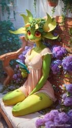 1girls absurd_res absurdres ai_generated amorphant anthro eyeliner female female_only flower garden green_hair green_skin humanoid monster_girl nightgown outdoors plant plant_girl plant_hair plant_humanoid red_eyes small_breasts solo yellow_sclera