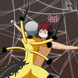 1boy 1girls arachne arachnid assertive assertive_female cowgirl_position dominant_female domination femdom monster_girl mouth_gag original_character original_characters projectsubby red_hair restrained reverse_rape spider spider_girl spider_web trapped web webs