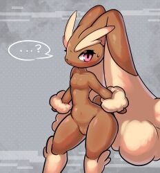 2024 absurd_res anthro arm_tuft blush bodily_fluids ellipsis female flat_chested generation_4_pokemon genitals hi_res kogekogebird long_ears lopunny nintendo nude pink_eyes pokemon pokemon_(species) pussy solo speech_bubble sweat sweatdrop thick_thighs tuft wrist_tuft