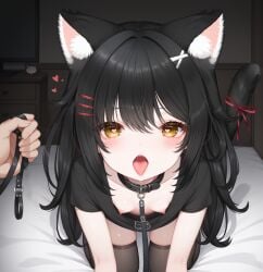 1girls ai_generated all_fours bed black_hair cat_ears cat_tail catgirl collar female female female heart-shaped_pupils holding_leash inkapurinka koicorp leash pov_eye_contact saliva small_breasts tongue virtual_youtuber vtuber