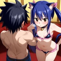 1boy ai_generated black_hair blue_hair cat_tail couple couple_(romantic) fairy_tail female gray_fullbuster lingerie petite_girl sexy_body sexy_clothing small_breasts wendy_marvell