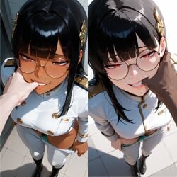 2girls ai_generated biting_finger black_hair blunt_bangs boots brown_eyes brown_skin caprinai finger_in_another's_mouth finger_in_mouth fringe from_above glasses hair_ornament half-closed_eyes highres medium_breasts military_uniform original original_character original_characters out_of_frame panties panties_down parted_lips pulling_clothing pulling_down_pants pulling_panties raised_eyebrows raised_inner_eyebrows red_eyes seductive_eyes seductive_look seductive_smile side_bangs side_locks smile standing uniform white_clothing white_skin