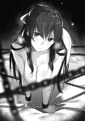 aikawa_shuuko all_fours big_breasts black_and_white black_hair chains ecstas_online golden_eyes naked ponytail taira_tsukune