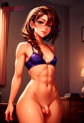 1boy ai_generated bikini bikini_top brown_hair ear_piercing earrings femboy flaccid flaccid_penis flat_chest green_eyes ilfb looking_at_viewer looking_down ponytail small_penis standing trap