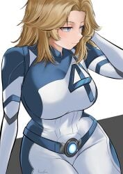 2d absurdres artist_name belt big_breasts blonde_hair blue_bodysuit blue_eyes blue_jumpsuit bodysuit breasts fantastic_four female highres huge_breasts invisible_woman invisible_woman_(marvel_rivals) jumpsuit kalen_noir kalennoir large_breasts long_hair looking_at_another marvel marvel_rivals multicolored_bodysuit multicolored_clothes sitting smile solo sue_richards sue_storm superhero_costume two-tone_bodysuit white_background white_bodysuit