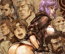 6+boys ass batou beard cigarette cropped_jacket facial_hair female fingerless_gloves from_behind ghost_in_the_shell ghost_in_the_shell_stand_alone_complex gloves kusanagi_motoko leaning_forward leotard looking_at_viewer looking_back multiple_boys purple_hair red_eyes ruushii saitou_(gits) scar short_hair thong thong_leotard togusa_(gits)