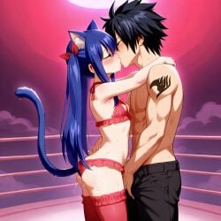 1boy ai_generated black_hair blue_hair cat_tail couple couple_(romantic) fairy_tail female gray_fullbuster kissing lingerie petite_girl sexy_body sexy_clothing small_breasts wendy_marvell