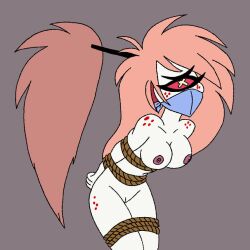 arms_behind_back big_breasts breasts cherri_bomb cherri_bomb_(hazbin_hotel) cyclops damsel_in_distress demon demon_girl demoness female gag gagged hair hazbin_hotel hellaverse jackattack1324 naked nude one_eye pink_hair ponytail red_sclera solo solo_female tied_up