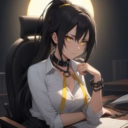 ai_generated aikawa_shuuko black_hair ecstas_online golden_eyes office office_lady ponytail