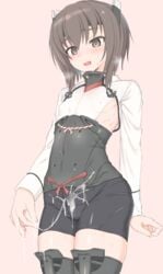 ? bike_shorts blush brown_eyes brown_hair cameltoe covered_nipples cum cum_on_clothes erect_nipples female flat_chest hair headband headgear highres kantai_collection makabe_gorou miniskirt short_hair skirt solo taihou_(kantai_collection)