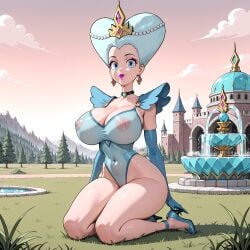 1girls aegis999_(artist) ai_generated alternate_version_available big_breasts blue_eyes blue_hair breasts high_heels leotard looking_at_viewer milf nipples_visible_through_clothing no_bra see-through_top short_hair solo star_vs_the_forces_of_evil thighs