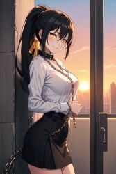 ai_generated aikawa_shuuko big_breasts black_hair ecstas_online golden_eyes office_lady ponytail