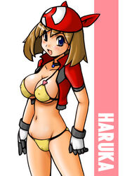 alternate_breast_size bandana bikini blue_eyes breasts brown_hair character_name choker cleavage covered_nipples erect_nipples female gloves hair hat headgear human human_only large_breasts may_(pokemon) navel nintendo open_mouth pokemon solo swimsuit tsumitani_daisuke