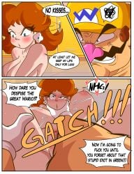 1boy1girl angry artlaccer_(artist) breasts brown_hair comic cuck cuckold english facial_hair female flower_earrings forced grabbing grabbing_throat huge_breasts large_breasts light-skinned_female light-skinned_male light_skin male male/female mario_(series) mario_tennis mustache nintendo nipples nude nude_female nude_male open_mouth penis penis_in_pussy princess princess_daisy pussy rape royalty sex straight straight_sex text text_bubble wario white_gloves yellow_hat