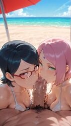 ai_generated ass beach bikini black_hair boruto:_naruto_next_generations cheating cheating_wife cooperative_fellatio cum cum_in_mouth cum_inside cum_on_face fellatio heart kissing_penis kneeling light-skinned_male looking_at_viewer male mother_and_daughter naruto naruto_(series) naruto_shippuden ntr ocean oral parasol penis pink_hair pubic_hair sakura_haruno sarada_uchiha sex stable_diffusion sweat uchiha_sarada