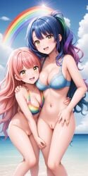 ai_generated bare_pussy beach blue_bikini blue_hair blue_sky happy long_hair multiple_girls pink_hair pussy rainbow rainbow_bikini sea sisters water