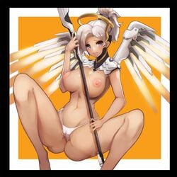 areolae blizzard_entertainment blush breasts cameltoe female large_breasts looking_at_viewer mechanical_halo mechanical_wings mercy nipples notte_(artist) overwatch panties purple_eyes silver_hair solo squatting staff topless white_panties