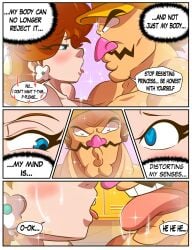 1boy1girl artlaccer_(artist) breasts brown_hair cheating comic cuck cuckold dialogue duo english_text facial_hair female flower_earrings forced_kiss hat human illusion kissing large_breasts light-skinned_female light-skinned_male light_skin male male/female mario_(series) mario_tennis mind_break nintendo nude nude_female nude_male open_mouth princess princess_daisy rape royalty wario yellow_hat