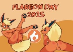 anthro anus ass backsack balls breasts cybeeyoru duo eeveelution feet female flareon flareon_day foot_focus fur generation_1_pokemon genitals hi_res holding_legs_up lying male male_focus nintendo on_front orange_body orange_fur pawpads paws pokemon pokemon_(species) rear_view sitting solo tail yellow_body yellow_fur