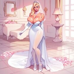 1girls ai_generated bimbo blonde_hair blue_eyes bridal_veil bride cleavage clothed clothed_female dress heels high_heels huge_breasts overflowing_breasts slutty_clothing solo wedding_dress