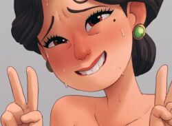 1girls biting_lip black_hair clavicle completely_nude completely_nude_female coolerinker disney double_v eye_contact female female_only full-face_blush inker_comics inkershike looking_at_viewer mature_female milf ming_lee mole mole_under_eye nude nude_female pixar short_hair solo solo_female sweat turning_red v_sign